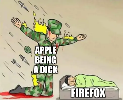 soldier (apple) taking shots defending a child (firefox)